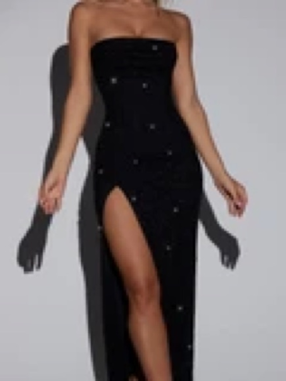 Oh Polly Strapless Black Evening Dress with High Thigh Slit